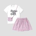 2pcs Kid Girl Letter Print Short-sleeve Tee and Plaid Skirt Set White image 1