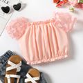 Kid Girl 3D Butterfly Design Off Shoulder Mesh Sleeve Blouse or Ripped Raw Hem Flare Jeans Pink image 1