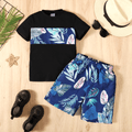 2pcs Kid Boy Tropical Plant Print Short-sleeve Tee and Shorts Set Black image 1