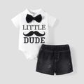 2pcs Baby Boy Cotton Letter Print Bow Tie Decor Polo Neck Short-sleeve Romper and Denim Shorts Set BlackandWhite image 1