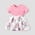 Baby/Toddler Girl Elephant Print Ribbed Splice Short-sleeve Dress PinkyWhite image 1