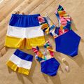 Family Matching Colorful Print Spliced Ruffle Trim Self Tie One-piece Swimsuit and Colorblock Swim Trunks Shorts Colorful image 2