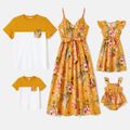 Family Matching Cotton Short-sleeve Colorblock T-shirts and Allover Floral Print Belted Strappy Dresses Sets Yellow image 1