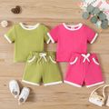 2pcs Baby Boy/Girl Contrast Binding Short-sleeve Tee & Shorts Set Green image 2
