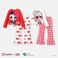 L.O.L. SURPRISE! Kid Girl 2pcs Mother's Day Tie Knot Tee and Heart Print/Plaid Flared Pants Set Red image 2