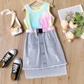 2pcs Kid Girl Tie Dye Cotton Tank Top and Raw Hem Belted Denim Skirt Set Multi-color image 1