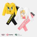 Looney Tunes 2pcs Kid Girl Character Print Tie Knot Cotton Long-sleeve Tee and Letter Print Leggings Set White image 2