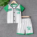 2pcs Kid Boy Sporty Style Letter Print Stripe Short-sleeve Football Tee and Elasticized Shorts Set Green image 1