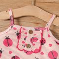 3pcs Baby Girl Cotton Ribbed Allover Ladybird Print Cami Top and Bow Decor Ruffled Skirt & Headband Set Pink image 3