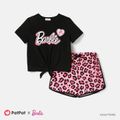 Barbie Kid Girl 2pcs Tie Knot Short-sleeve Cotton Tee and Leopard Print Shorts Set Black image 1
