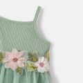 Mommy and Me Cotton Ribbed Floral Embroidered Cami Mesh Dresses Green image 4