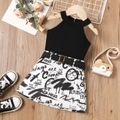 2Pcs Toddler Girl Halter Tank Top and Letter Print Belted Skirt Set Black image 1