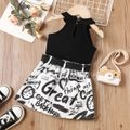 2Pcs Toddler Girl Halter Tank Top and Letter Print Belted Skirt Set Black image 2