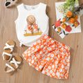 2Pcs Kid Girl Bow Decor Figure Print Tank Top and Floral Print Shorts Set Orange image 1