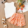 2Pcs Kid Girl Bow Decor Figure Print Tank Top and Floral Print Shorts Set Orange image 2