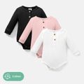 3-Pack Baby Girl/Boy Cotton Button Design Solid Color Ribbed Long-sleeve Rompers ColorBlock image 1