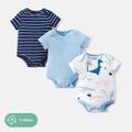 3-Pack Baby Girl/Boy Dinosaur Print/Stripe/Solid Color Short-sleeve Rompers Blue image 1