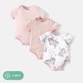 3-Pack Baby Girl/Boy Elephant Print/Solid Color Short-sleeve Rompers Pink image 1