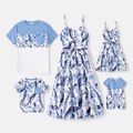 Family Matching Allover Leaf Print Naia™ Cami Dresses and Short-sleeve Colorblock T-shirts Sets lightbluewhite image 1