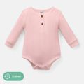 Baby Girl/Boy Cotton Button Design Solid Color Ribbed Long-sleeve Rompers Pink image 1