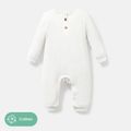 Baby Girl/Boy Cotton Button Design Solid Color Ribbed Long-sleeve Jumpsuits White image 1
