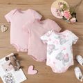 3-Pack Baby Girl/Boy Elephant Print/Solid Color Short-sleeve Rompers Pink image 2