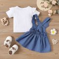 2pcs Baby Girl Cotton Ribbed Flutter-sleeve Top and Rabbit Embroidered Denim Overall Dress Set DENIMBLUE image 3