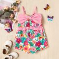 Toddler Girl Flora Print Ruffle Trim Bow Front Slip Romper Pink image 1