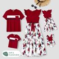 Family Matching Cotton Short-sleeve Colorblock T-shirts and Floral Print V Neck Belted Spliced Naia™ Dresses Sets WineRed image 2