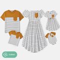 Family Matching 95% Cotton Striped Off Shoulder Belted Dresses and Short-sleeve Colorblock T-shirts Sets YellowBrown image 1