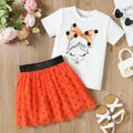 2pcs Kid Girl Figure Print Short-sleeve Tee and Polka dots Mesh Skirt Set Orange image 1