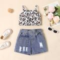 2pcs Toddler Girl Leopard Camisole and Belted Ripped Denim Shorts Set Multicolour-1 image 1