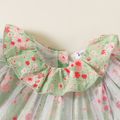 Baby Girl 100% Cotton Allover Floral Print Ruffled Collar Puff-sleeve Mesh Dress GrayGreen image 3