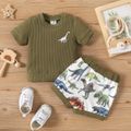 2pcs Baby Boy 95% Cotton Short-sleeve Dinosaur Embroidered Ribbed Tee and Allover Print Shorts Set Army green image 1
