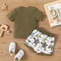 2pcs Baby Boy 95% Cotton Short-sleeve Dinosaur Embroidered Ribbed Tee and Allover Print Shorts Set Army green image 3