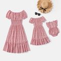 Mommy and Me Allover Floral Print Off Shoulder Short-sleeve Dresses Pink image 1