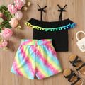 2pcs Kid Girl Pom Pom Decor Ruffled Camisole and Rainbow Belt Shorts Set Black image 2