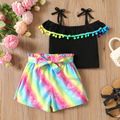 2pcs Kid Girl Pom Pom Decor Ruffled Camisole and Rainbow Belt Shorts Set Black image 1