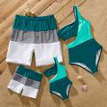 Family Matching Colorblock One Shoulder Cut Out One-piece Swimsuit and Striped Spliced Swim Trunks Shorts DeepTurquoise image 1