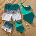 Family Matching Colorblock One Shoulder Cut Out One-piece Swimsuit and Striped Spliced Swim Trunks Shorts DeepTurquoise image 2