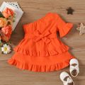 Baby Girl 100% Cotton Solid One Shoulder Flare-sleeve Belted Layered Ruffled Dress orangered image 1
