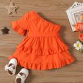 Baby Girl 100% Cotton Solid One Shoulder Flare-sleeve Belted Layered Ruffled Dress orangered image 2