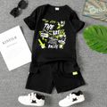 2pcs Kid Boy 100% Cotton Letter Print Black Short-sleeve Tee and Shorts Set Black image 1