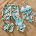 Family Matching Solid & Floral Print Spliced Crisscross Cut Out One-piece Swimsuit or Swim Trunks Shorts Blue image 2