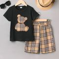 2pcs Kid Boy Little Bear Embroidered Short-sleeve Tee and Plaid Shorts Set Black image 1
