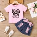 2Pcs Toddler Girl Trendy Leopard & Figure Print Short-sleeve Tee and Ripped Belted Denim Shorts Set Pink image 1