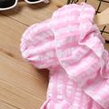 Toddler Girl Trendy Plaid Ruffled Cold Shoulder Belted Romper Pink image 3