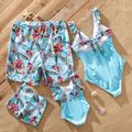 Family Matching Solid & Floral Print Knot Front Deep V Neck Ruffled One-piece Swimsuit or Swim Trunks Shorts Blue image 2