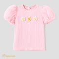 Kid Girl Cotton Ribbed Appliques Detail Mesh Puff-sleeve Tee Pink image 1