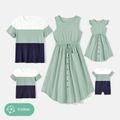Family Matching Solid Cotton Button Front Drawstring Tank Dresses and Short-sleeve Colorblock T-shirts Sets GrayGreen image 1